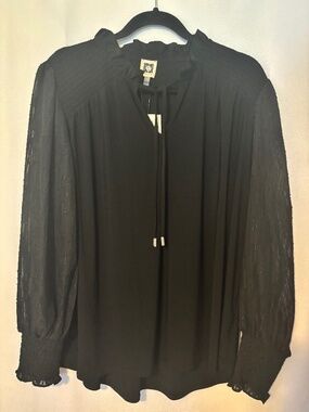 Black Ruffle Neck Tie Front Swiss Dot Sheer Sleeve Blouse Top  Size L Anne Klein